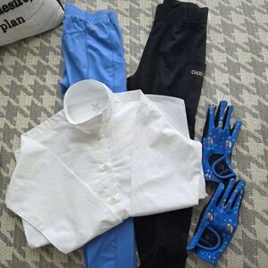 Multiples White Button-Up Shirt with Blue Riding Gloves and Blue/Black Pants